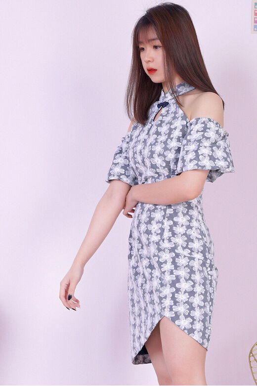 Fine Cutin White Lace Overlay Asymmetrical Hem Cheongsam Dress (Navy)